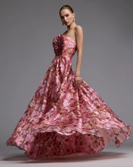 Pink Strapless Floral Printed A-Line Gown With 3D Flower