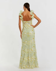 Green Embroidered Lace Floral Gown with Ruffle Straps