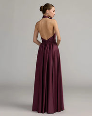 Purple Halter Neck Open Back Satin Gown With Slit