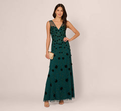 Velvet Floral Beaded Gown With Sheer Tank Straps In Gem Green
