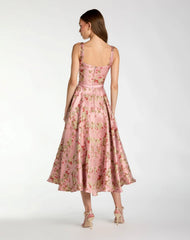 Pink Sleeveless Brocade A Line Midi Dress