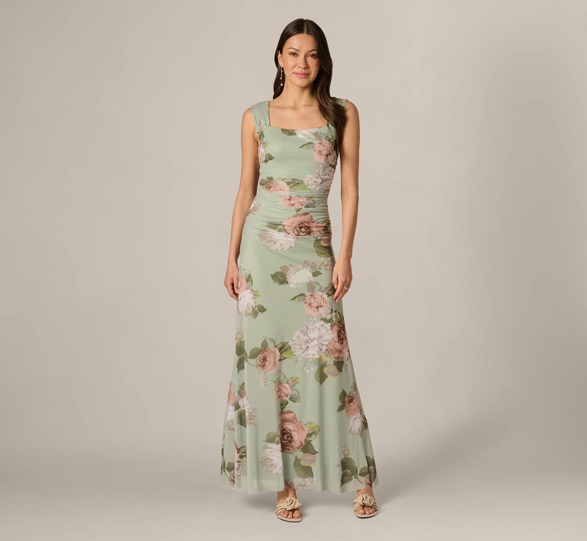 Floral Print Stretch Mesh Ruched Gown In Sage Multi