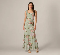 Floral Print Stretch Mesh Ruched Gown In Sage Multi