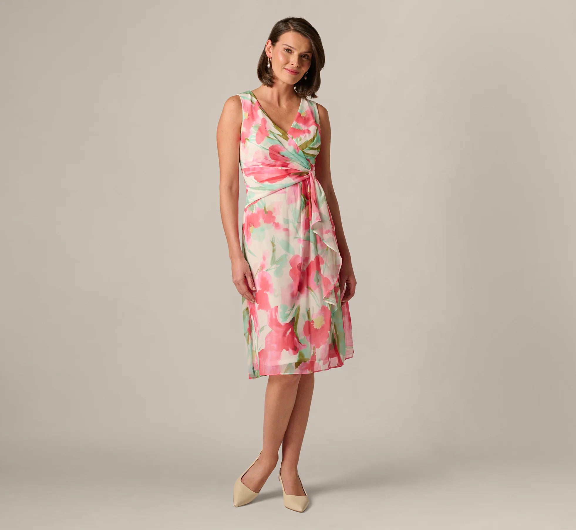 Sleeveless Draped Floral Chiffon Midi Sheath Dress In Coral Green Multi