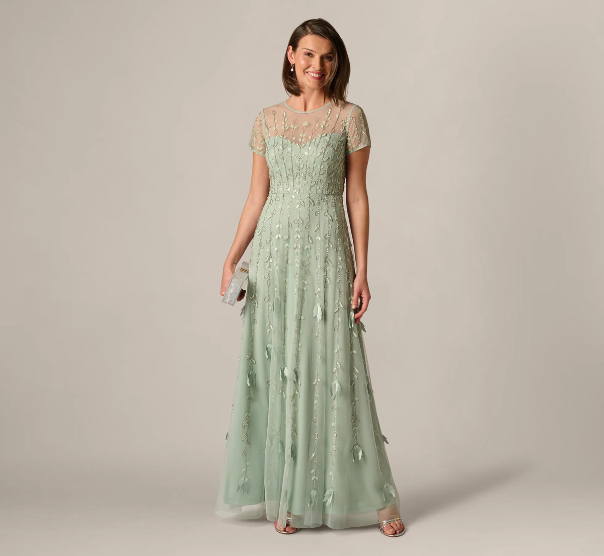 Short Sleeve 3D Beaded Vine Gown In Icy Sage