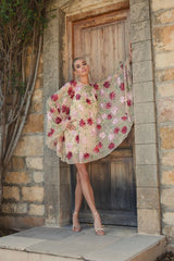Beige Floral Embellished Cape Mini Dress