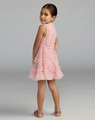 Girls Pink High Neck Sleeveless Micro Ruffle Mini Dress