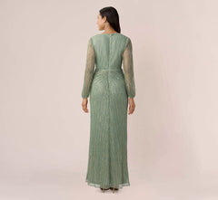 Metallic Crinkled Mesh Draped Long Gown In Green Slate