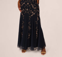 Floral Beaded Godet Gown With Sheer Neck And Short Sleeves In Navy Rosegold