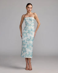 Blue and White Strapless Brocade Sheath Midi Dress