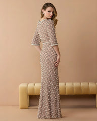 Petite Pink Pearl Embellished 3/4 Sleeve Gown