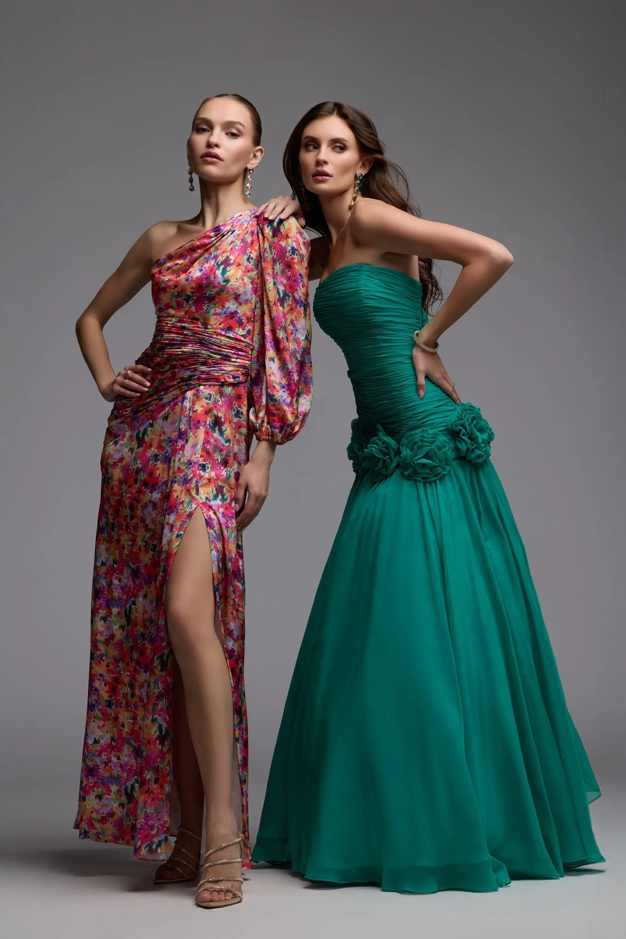 Multicolor One Sleeve Floral Print Charmeuse Gown With Slit