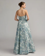 Blue Strapless Floral Brocade Ball Gown With Bow Detail