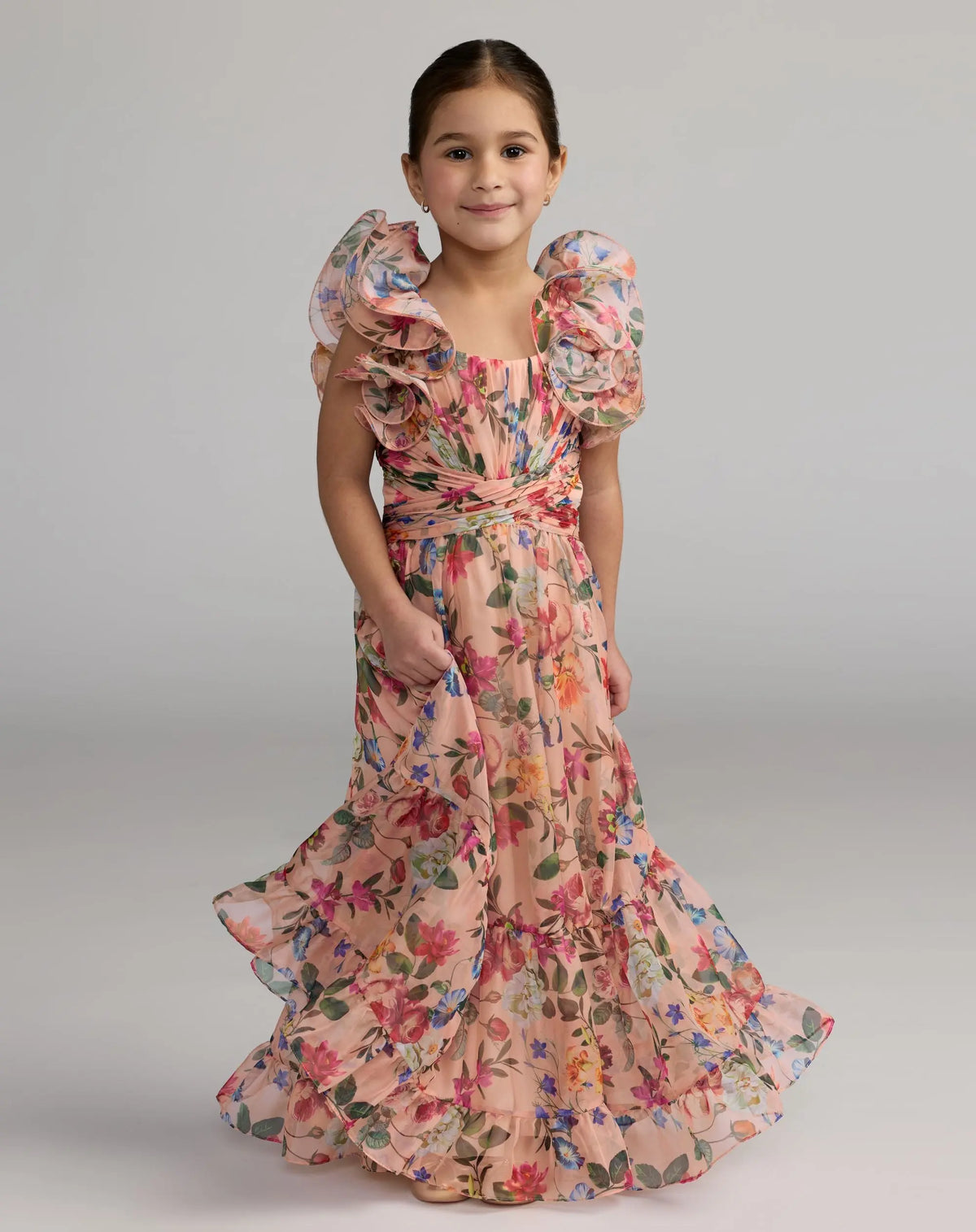 Girls Pink Floral Chiffon Ruffle Shoulder Dress