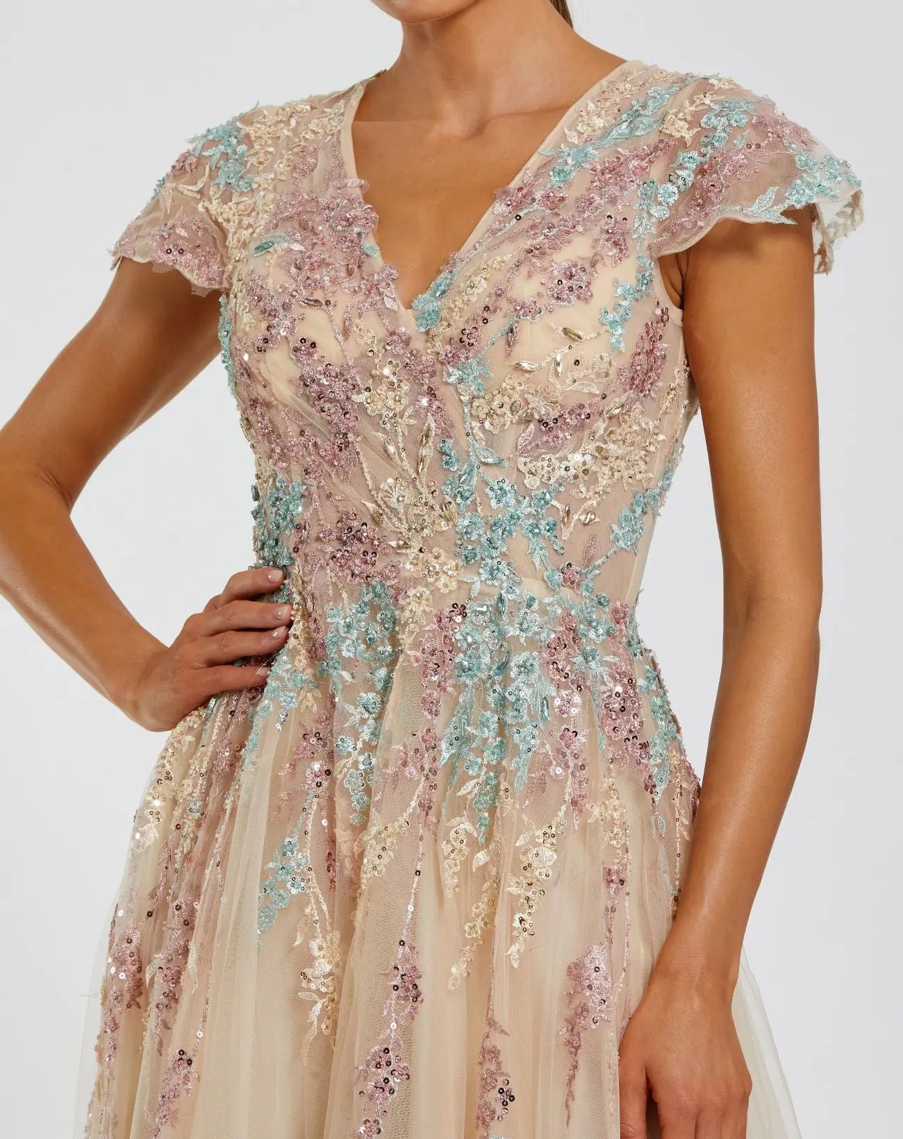 Beige Embroidered Tulle V-Neck Gown