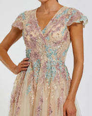 Beige Embroidered Tulle V-Neck Gown