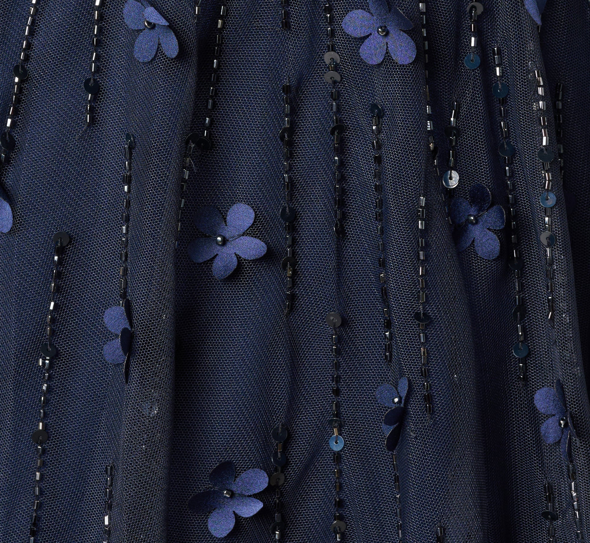 Short Sleeve Linear 3D Floral Beaded Gown In Navy
