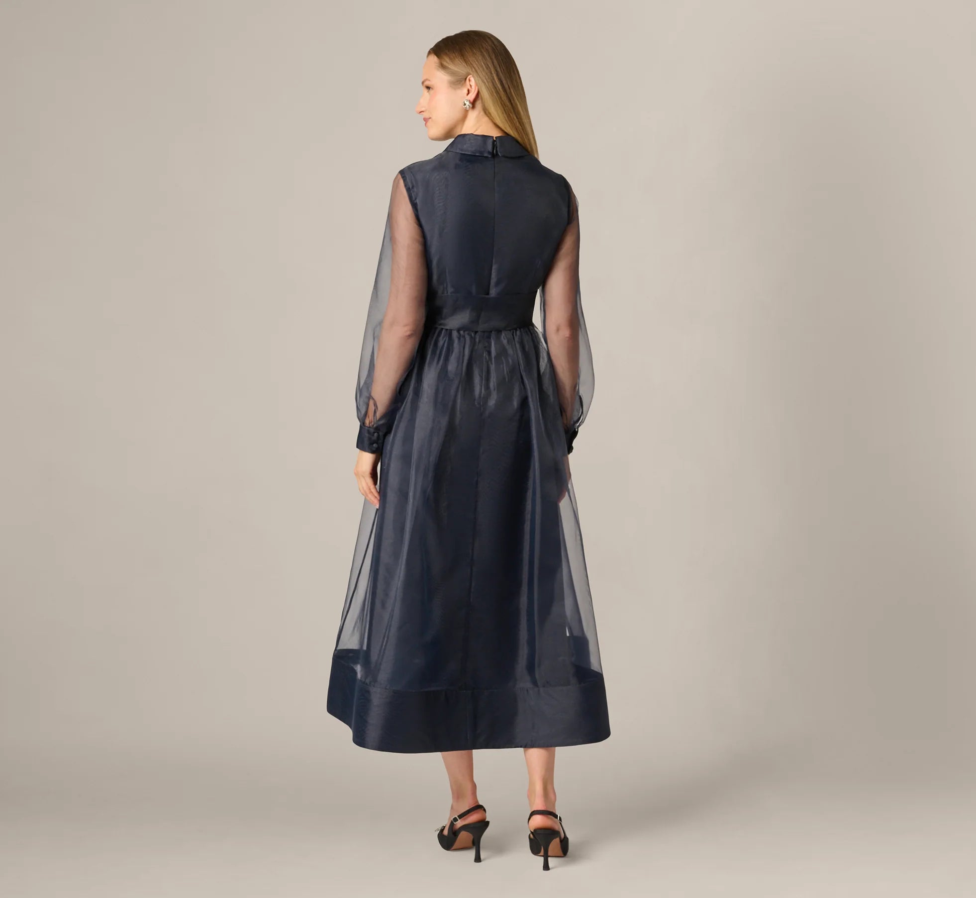 Long Sleeve Organza Collared Ankle Length Midi Dress In Midnight