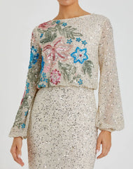 Beige High Neck Long Sleeve Sequin Gown