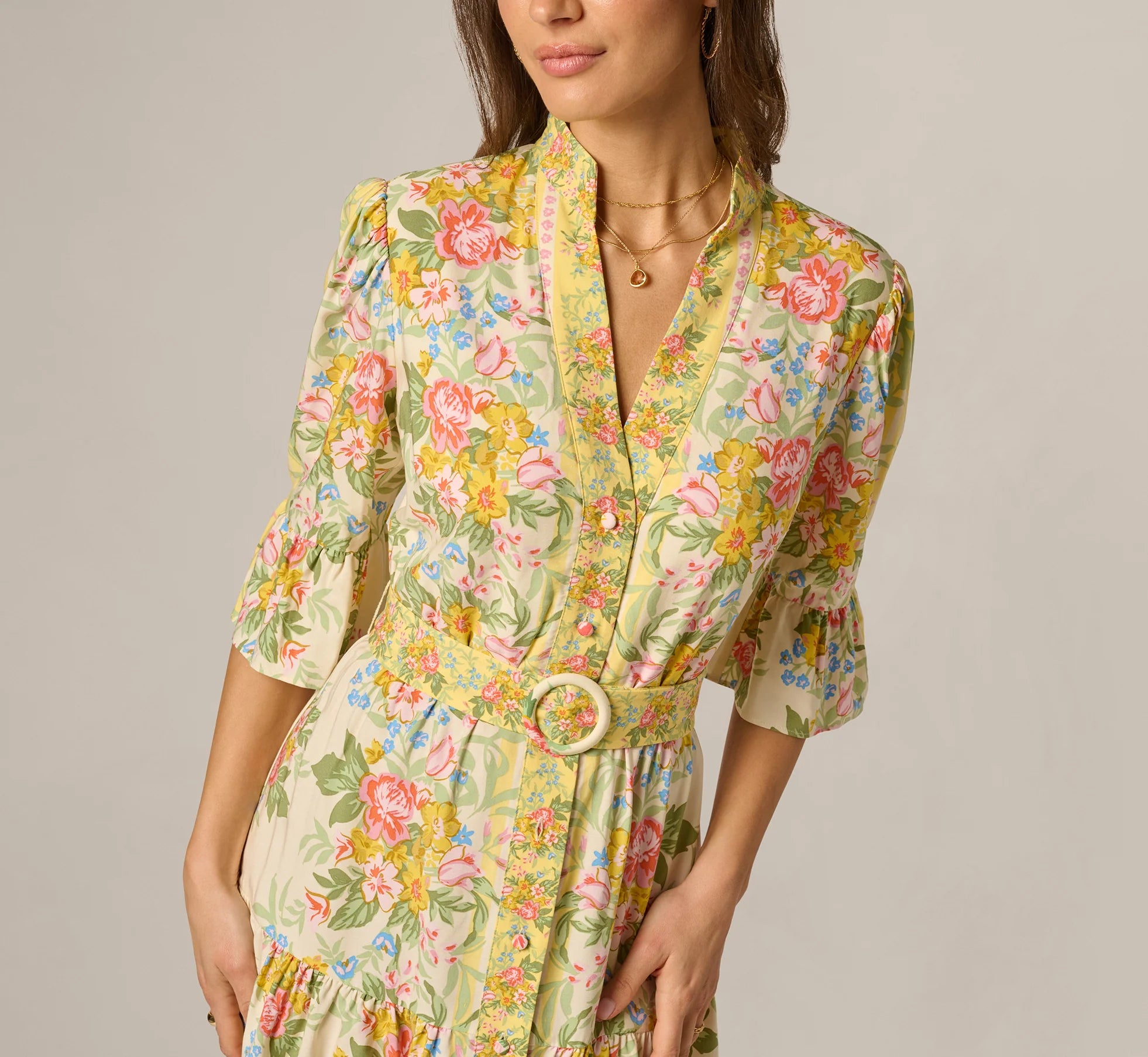 Bell Sleeve Vintage Floral Print Short Dress In Pale Yellow