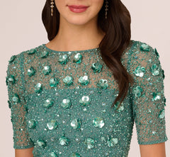 Long Hand Beaded 3D Floral Dress With Elbow Sleeves In Green Slate