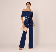 Knit Crepe Off-The-Shoulder Jumpsuit In Navy Sateen Ivory
