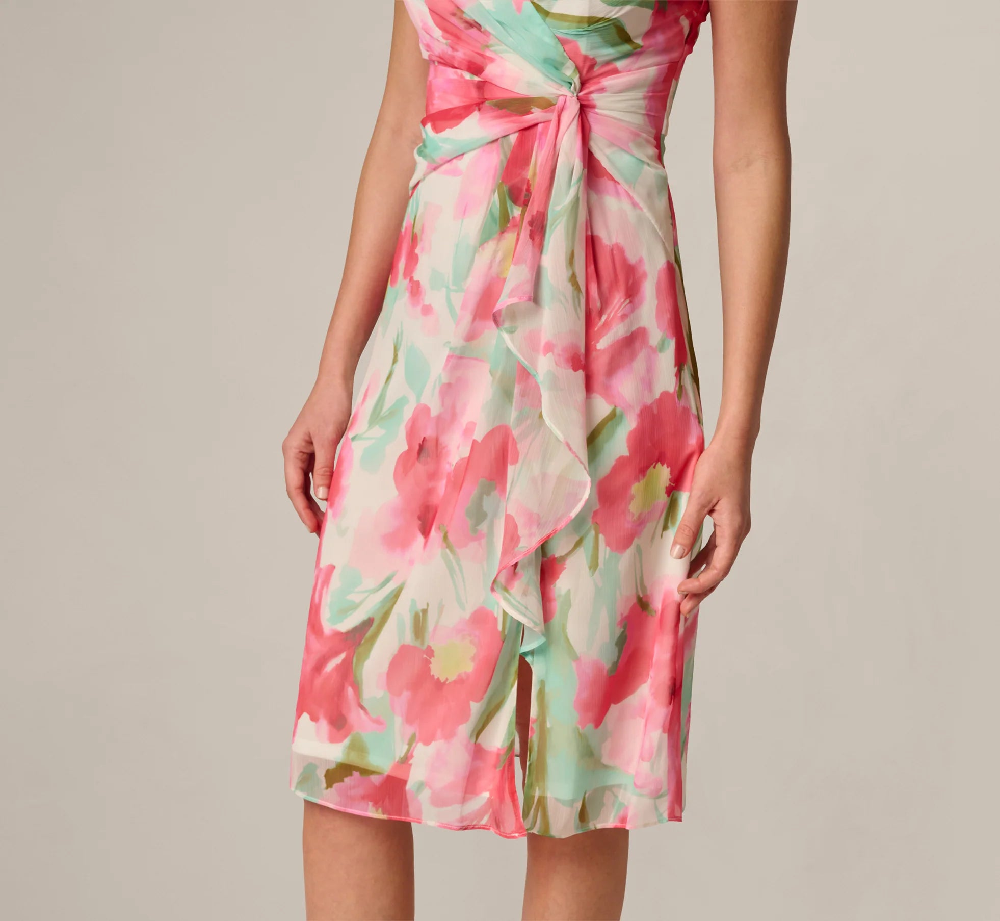 Sleeveless Draped Floral Chiffon Midi Sheath Dress In Coral Green Multi