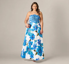 Plus Size Strapless 3D Floral Beaded Dupioni Gown In Ivory Blue Multi