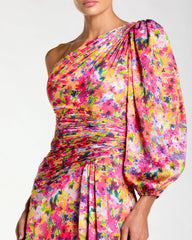 Multicolor One Sleeve Floral Print Charmeuse Gown With Slit