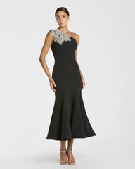 Crepe One Shoulder Midi Dress with Flower