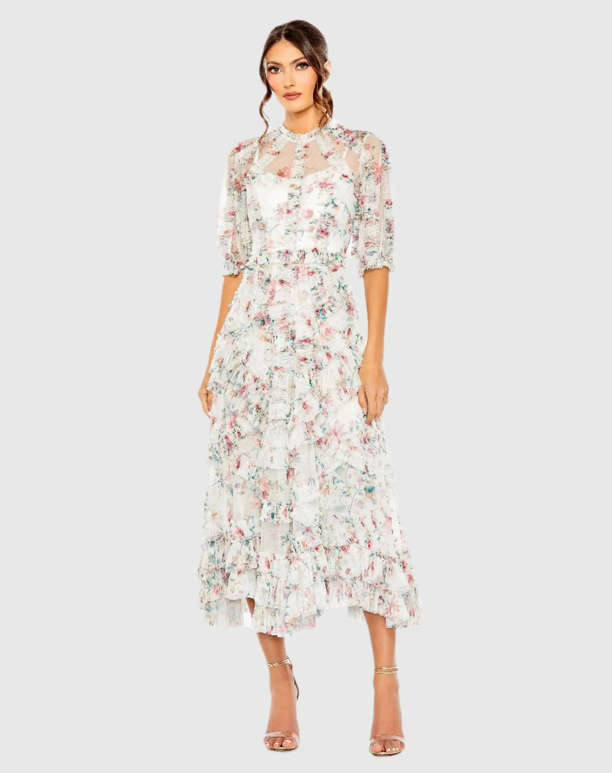 Multicolor Mesh Puff Sleeve Floral Print Dress