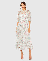 Multicolor Mesh Puff Sleeve Floral Print Dress
