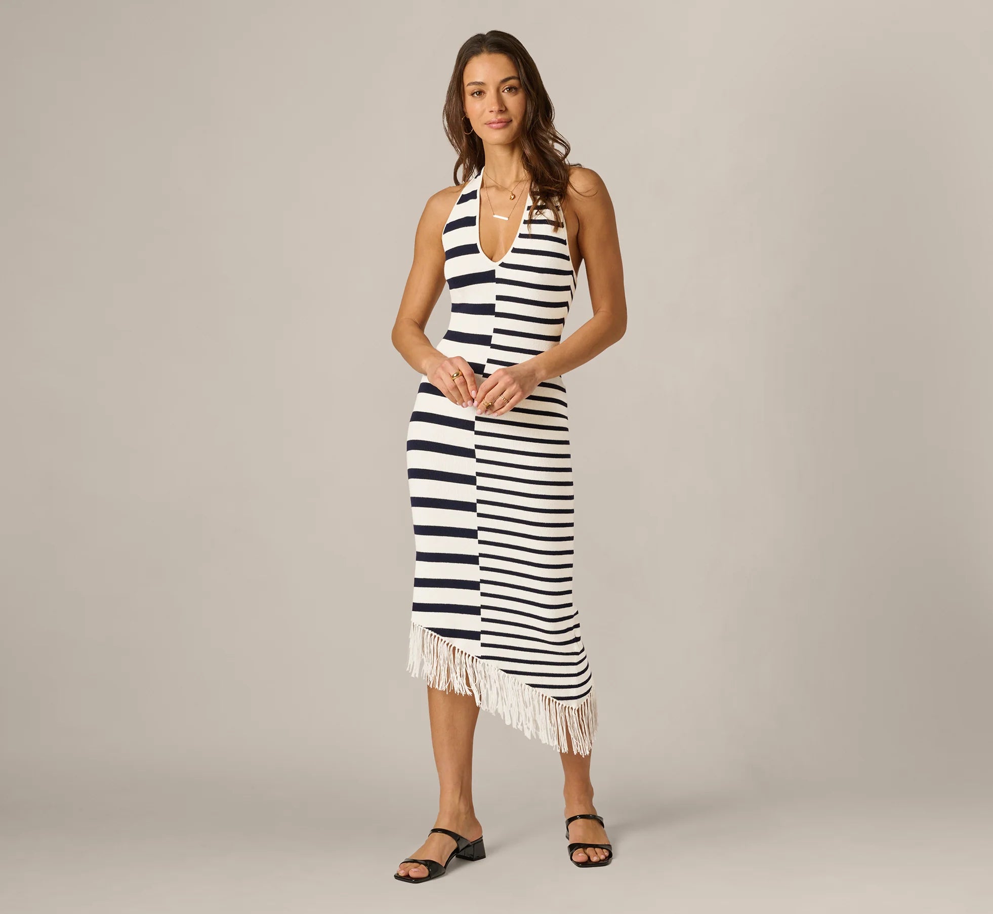 Striped Asymmetrical Fringe Halter Midi Dress In Ivory Navy