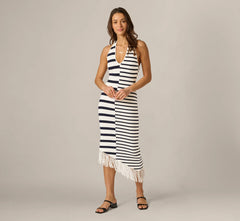 Striped Asymmetrical Fringe Halter Midi Dress In Ivory Navy