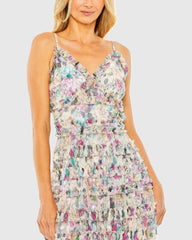 Multicolor Floral Sequined Tiered Ruffle Midi Dress