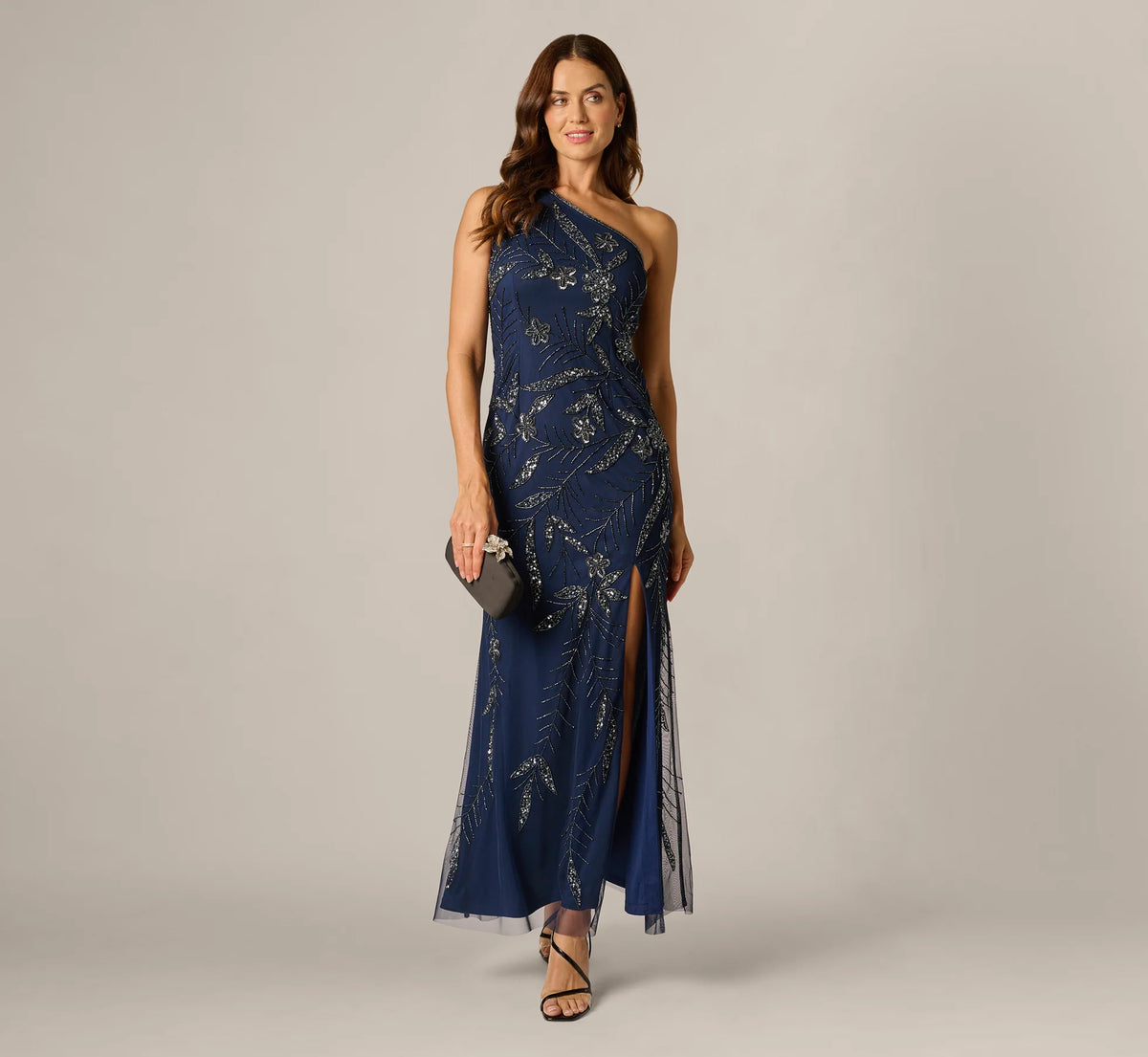 One Shoulder Floral Sequin Bead Gown In Light Navy