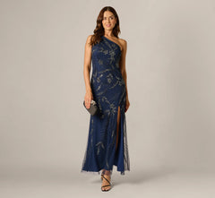 One Shoulder Floral Sequin Bead Gown In Light Navy