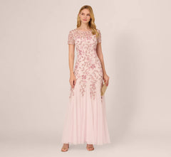 Hand Beaded Short Sleeve Floral Godet Gown In Blush Pink