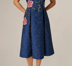 Jacquard Floral Beaded Fit And Flare Midi Dress In Midnight Multi