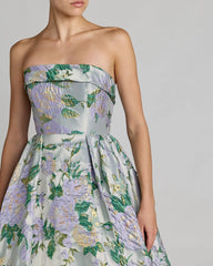 Blue Multicolor Floral Strapless Brocade Ball Gown