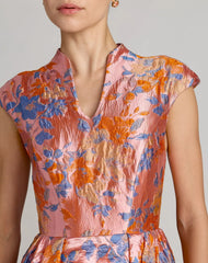 Pink Brocade Cap Sleeve Ball Gown