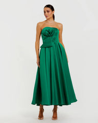 Strapless Satin A Line Midi Dress With 3D Flower