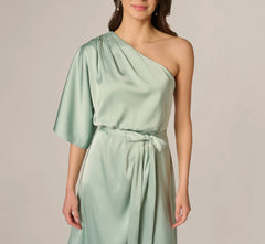 Asymmetrical Draped Stretch Satin Midi Dress In Icy Sage