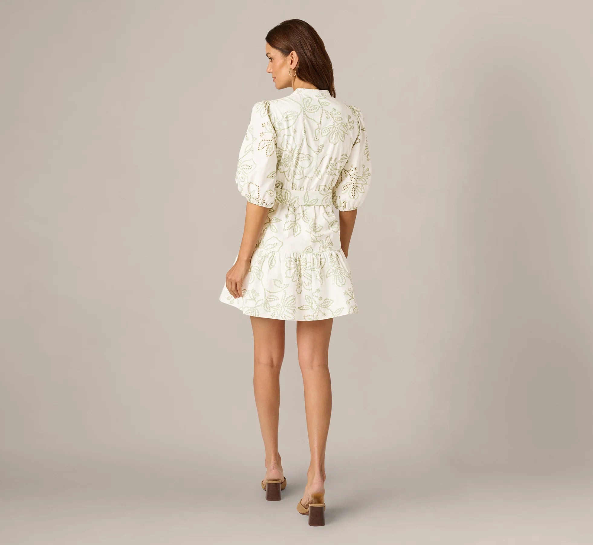 Cotton Floral Eyelet Belted Short Dress In Ivory Sage