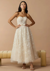 Ivory Strapless Embellished Lace A-Line Midi Dress