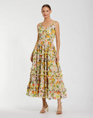 Floral Printed Micro Ruffle Cotton Midi Dress